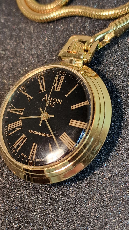 ⏱️ Unworn Vintage Pocket Watch "ABON 21C" – Swiss Movement, Hand-Wound, 42mm, NOS + Chain