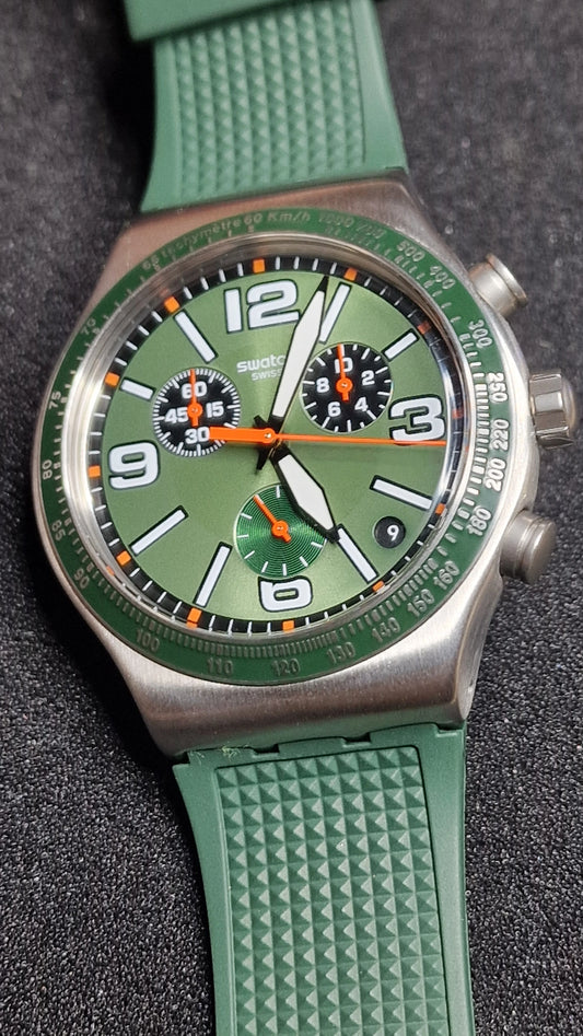 🌲 Swatch Irony Chrono YVS462 “Forest Grid” (AG2019) – Green/Orange – Swiss Made