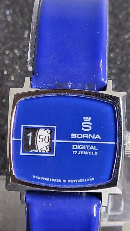 🕰️ Unworn Vintage Digital Watch "SORNA" – 17 Jewels, Hand-Wound, Swiss Made, 60s