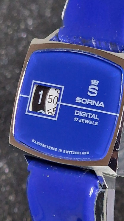 🕰️ Unworn Vintage Digital Watch "SORNA" – 17 Jewels, Hand-Wound, Swiss Made, 60s