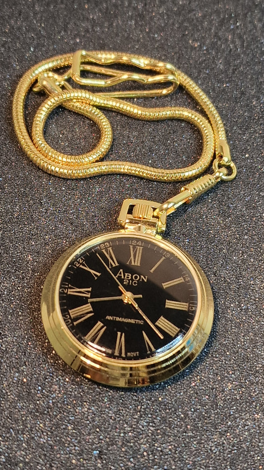 ⏱️ Unworn Vintage Pocket Watch "ABON 21C" – Swiss Movement, Hand-Wound, 42mm, NOS + Chain