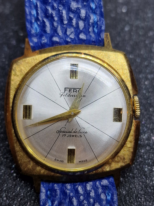 🕰️ Unworn Vintage Watch "Fero-Feldmann" – Swiss Made, Hand-Wound, 60s/70s, Blue Strap