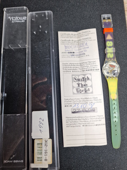 Swatch Lady LK138 "Snow Collage" (1992) – Vintage Pop Design 🎨