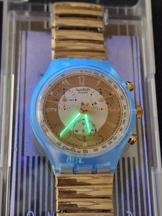 🌍✨ Swatch Chrono Flex SCG100 “Golden Globe” (1992) – Rare Vintage Chronograph