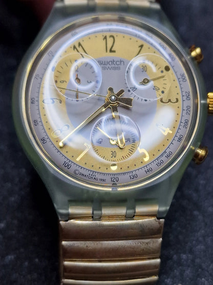 🌍✨ Swatch Chrono Flex SCG100 “Golden Globe” (1992) – Rare Vintage Chronograph