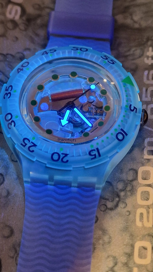 Swatch Scuba 200 SDK107 “Blue Ice” 1993 – Transparent Diver, Full Set 🎯