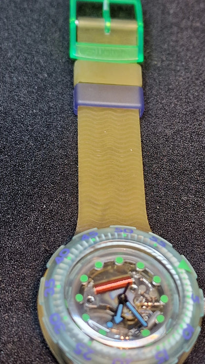 Swatch Scuba 200 SDK107 “Blue Ice” 1993 – Transparent Diver, Full Set 🎯