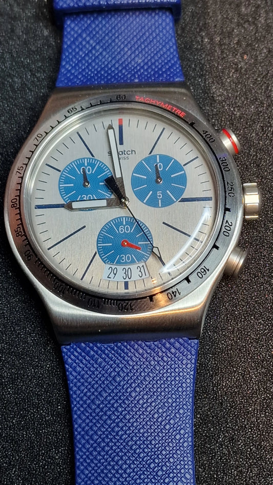 🔥 Swatch Irony Chrono YVS435 “Blau Me On” – 44mm | Swiss Made Icon 🔥