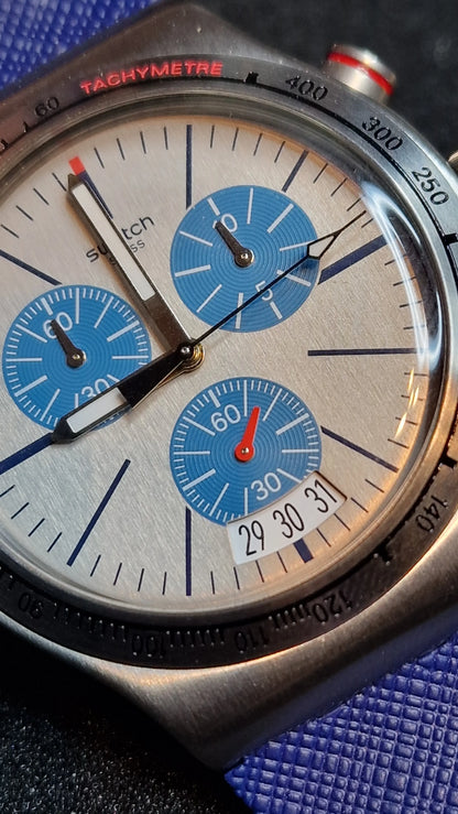 🔥 Swatch Irony Chrono YVS435 “Blau Me On” – 44mm | Swiss Made Icon 🔥