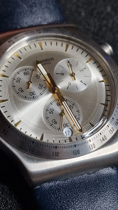 ⌚ Swatch Irony Chrono YVS460 “Dakmeblue” (2018) – Blue Strap 🔵✨