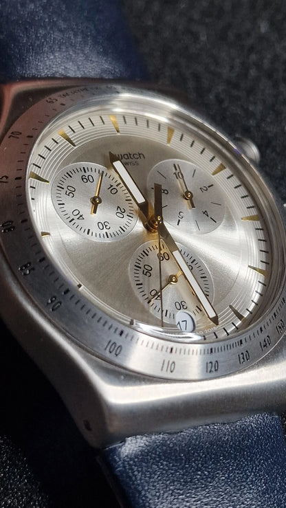 ⌚ Swatch Irony Chrono YVS460 “Dakmeblue” (2018) – Blue Strap 🔵✨