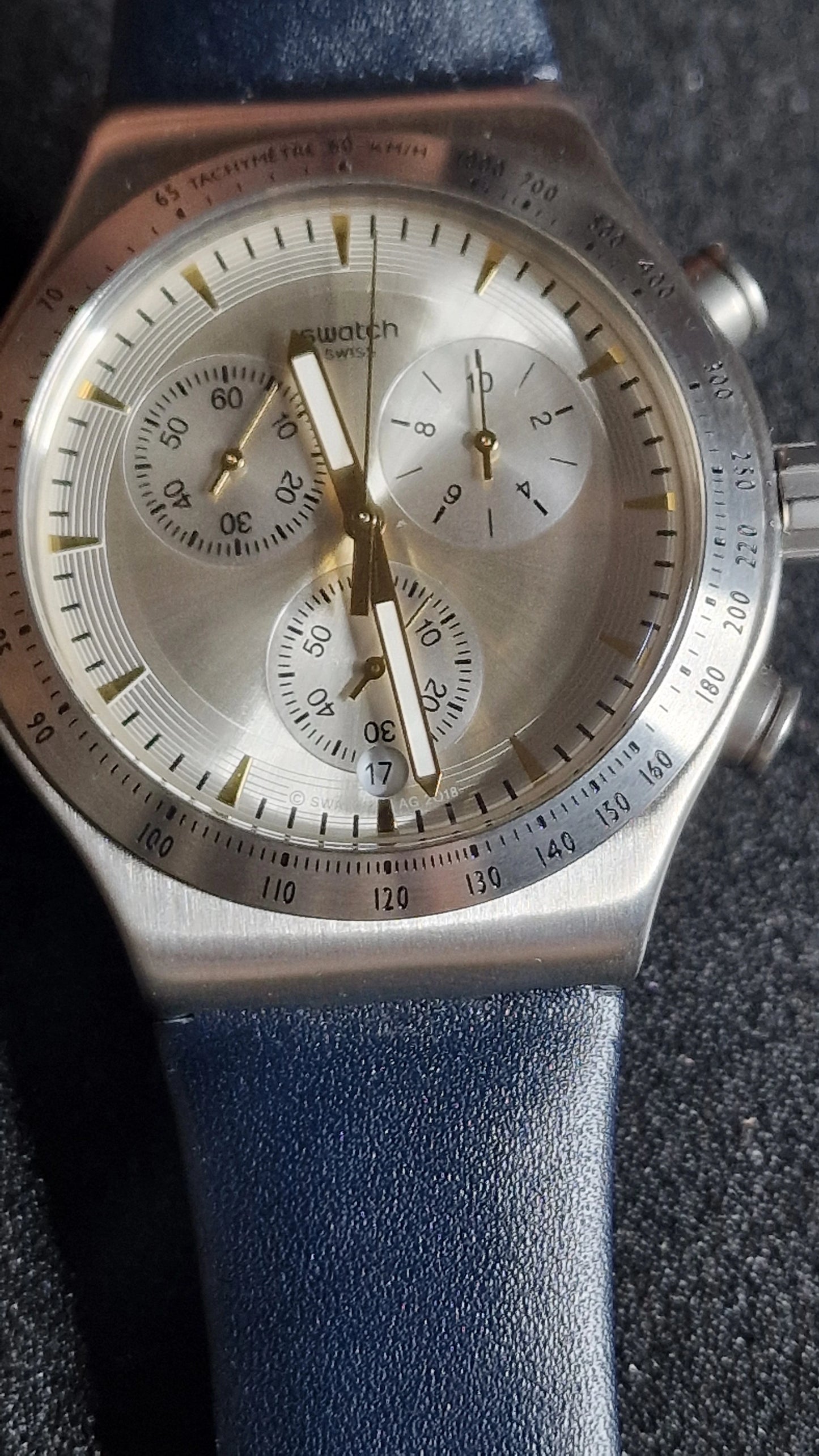 ⌚ Swatch Irony Chrono YVS460 “Dakmeblue” (2018) – Blue Strap 🔵✨