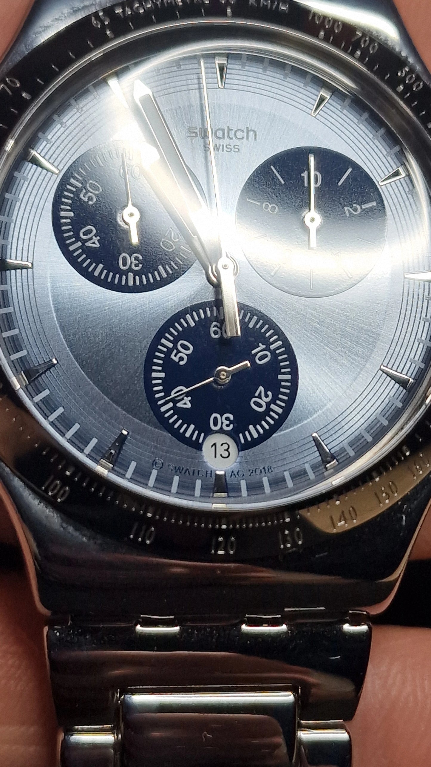 🔵Swatch Irony Chrono SKY ICON (YVS459G) 2018 – Ice Blue Dial + Steel Bracelet⏱️✨