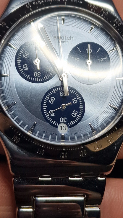 🔵Swatch Irony Chrono SKY ICON (YVS459G) 2018 – Ice Blue Dial + Steel Bracelet⏱️✨