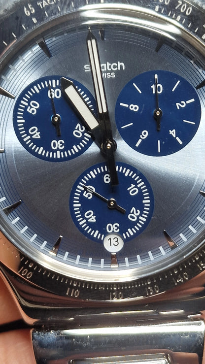 🔵Swatch Irony Chrono SKY ICON (YVS459G) 2018 – Ice Blue Dial + Steel Bracelet⏱️✨