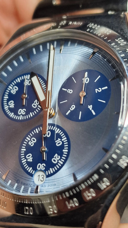 🔵Swatch Irony Chrono SKY ICON (YVS459G) 2018 – Ice Blue Dial + Steel Bracelet⏱️✨
