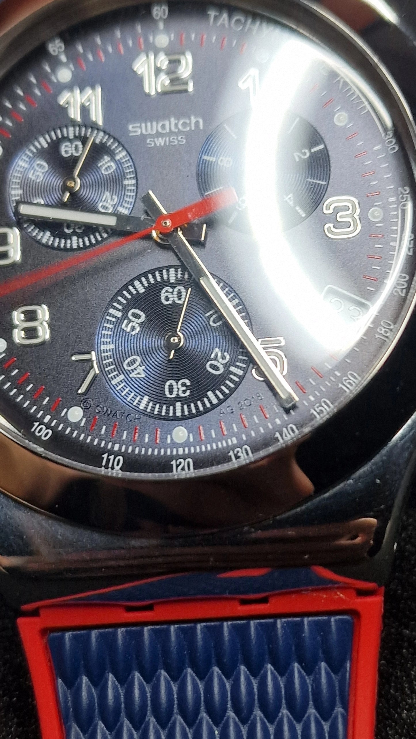 Swatch Irony Chrono YVS452 “Secret Operation” (2018) 🔴🔵 Tachymeter