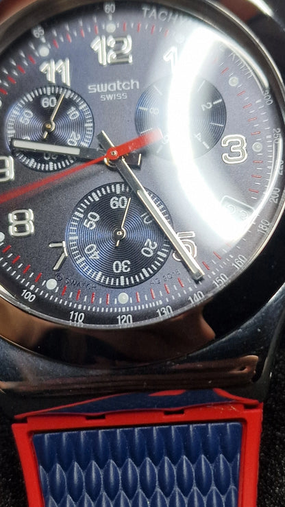 Swatch Irony Chrono YVS452 “Secret Operation” (2018) 🔴🔵 Tachymeter