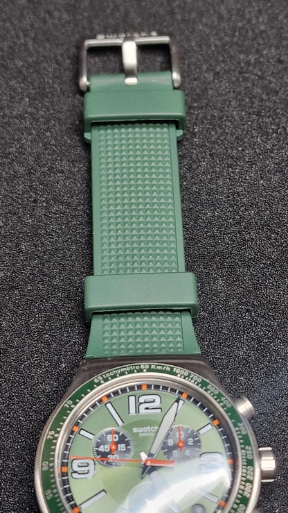 🌲 Swatch Irony Chrono YVS462 “Forest Grid” (AG2019) – Green/Orange – Swiss Made
