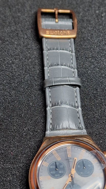 Swatch Irony Chrono YCG411 “Gris en Rose” (AG 2014) ✨ Rose-Gold Steel + Elegant Grey Dial