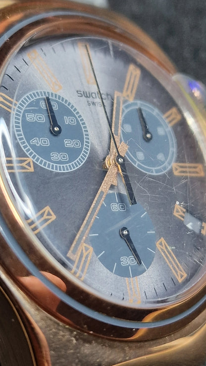 Swatch Irony Chrono YCG411 “Gris en Rose” (AG 2014) ✨ Rose-Gold Steel + Elegant Grey Dial