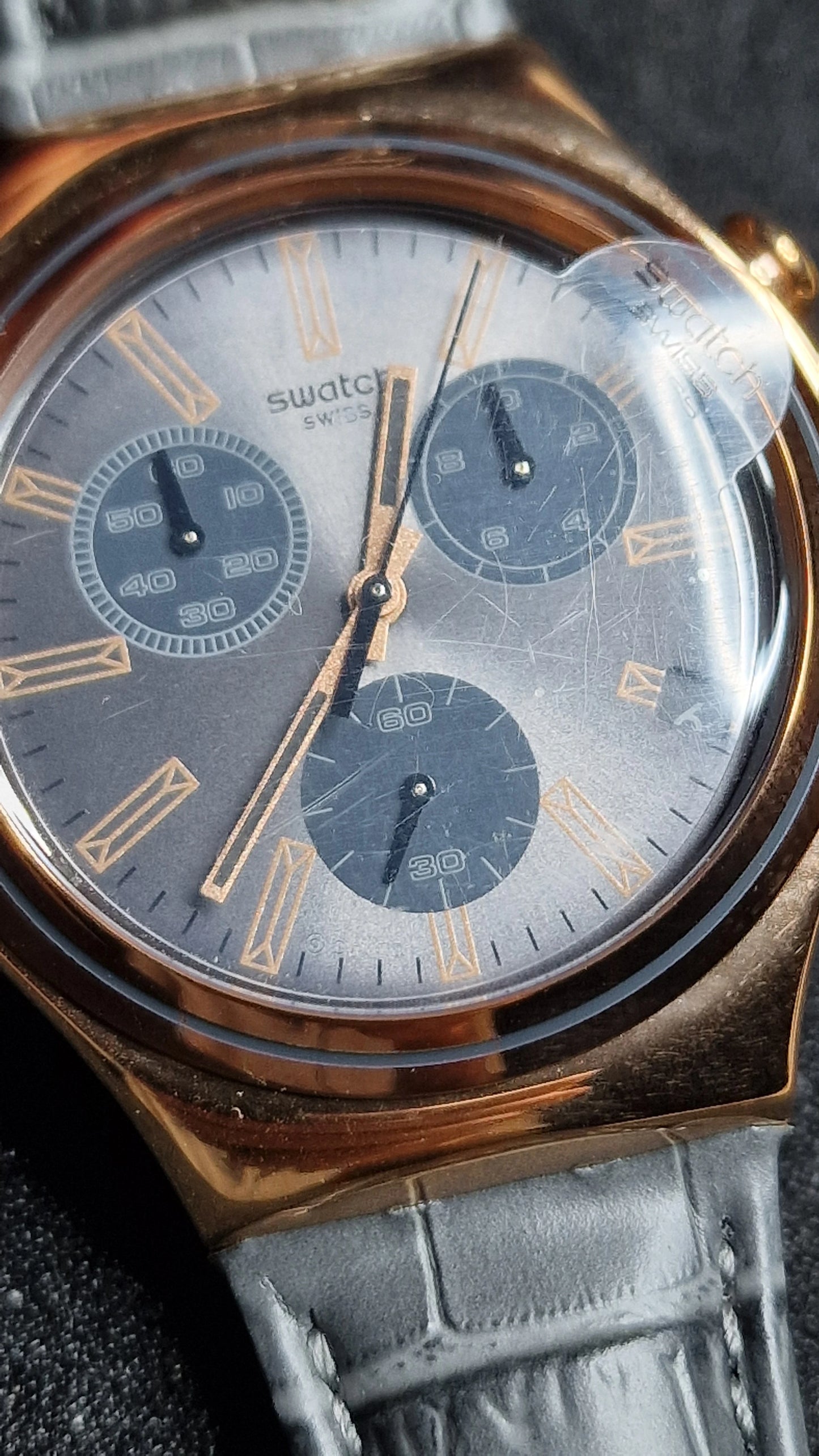 Swatch Irony Chrono YCG411 “Gris en Rose” (AG 2014) ✨ Rose-Gold Steel + Elegant Grey Dial