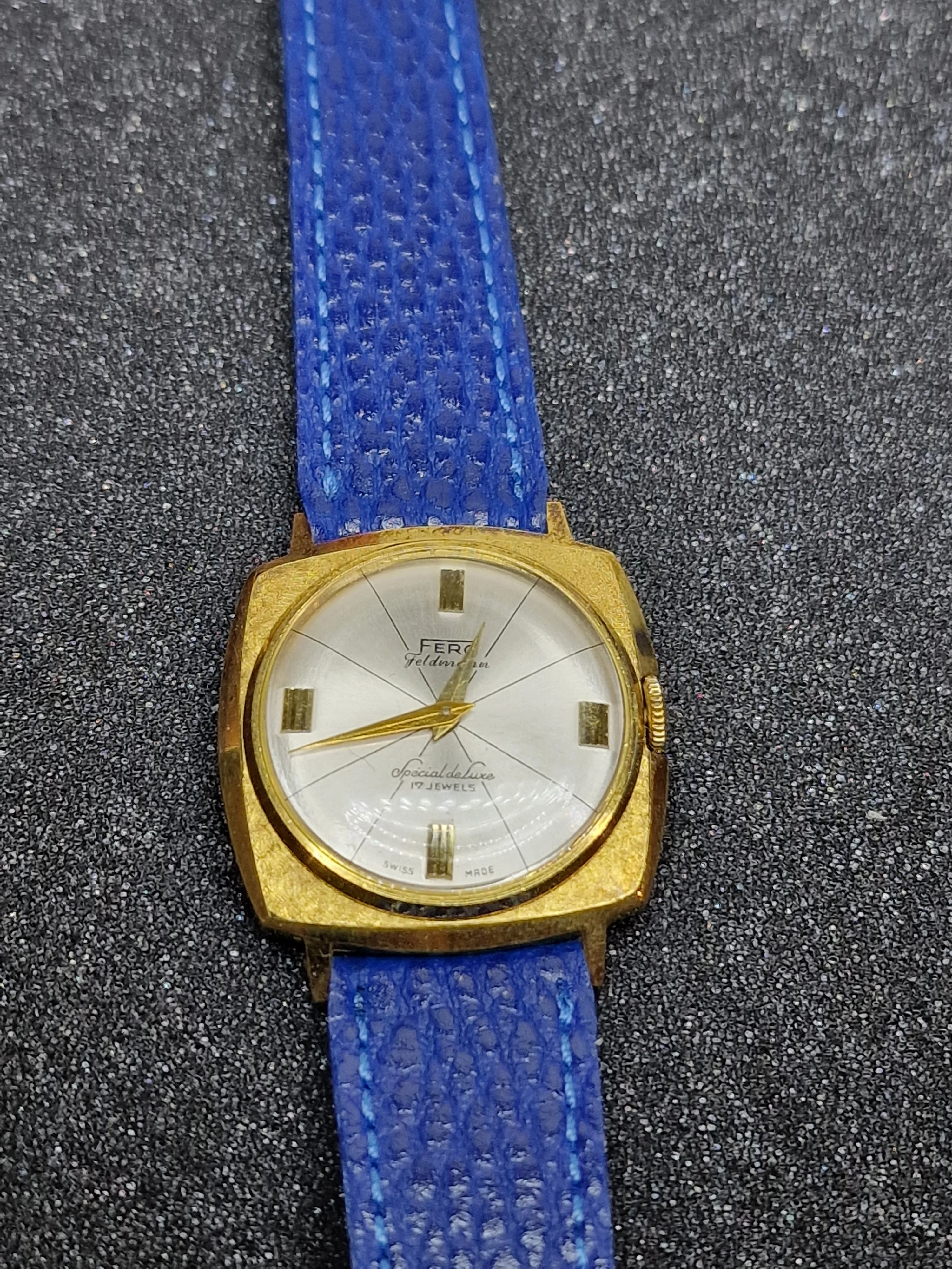 Unworn Vintage Watch "Fero-Feldmann" – Swiss Made, Hand-Wound, 60s/70s, Blue Strap 2